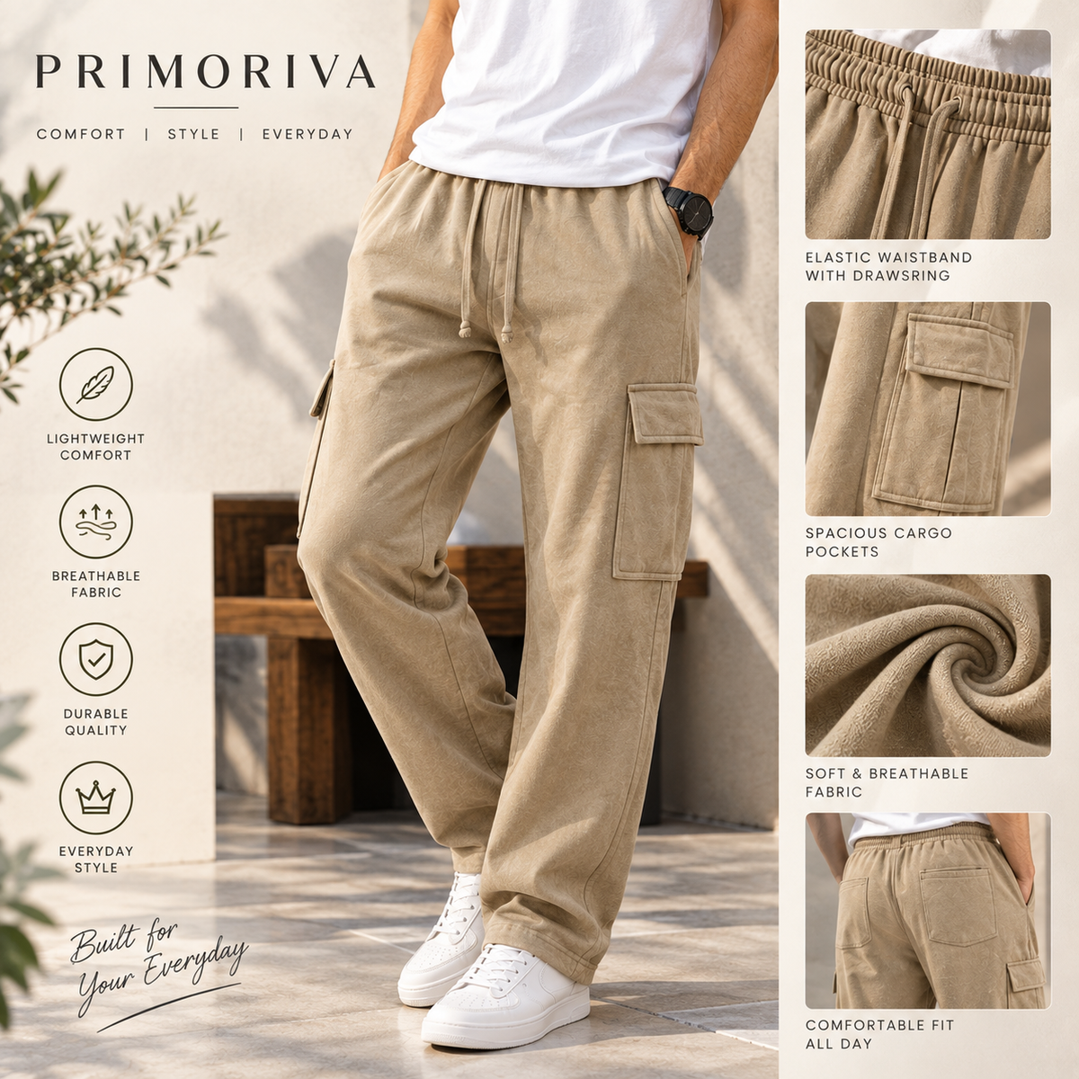 Men’s Beige Cargo Pants – Relaxed Fit Drawstring Trousers with Utility Pockets
