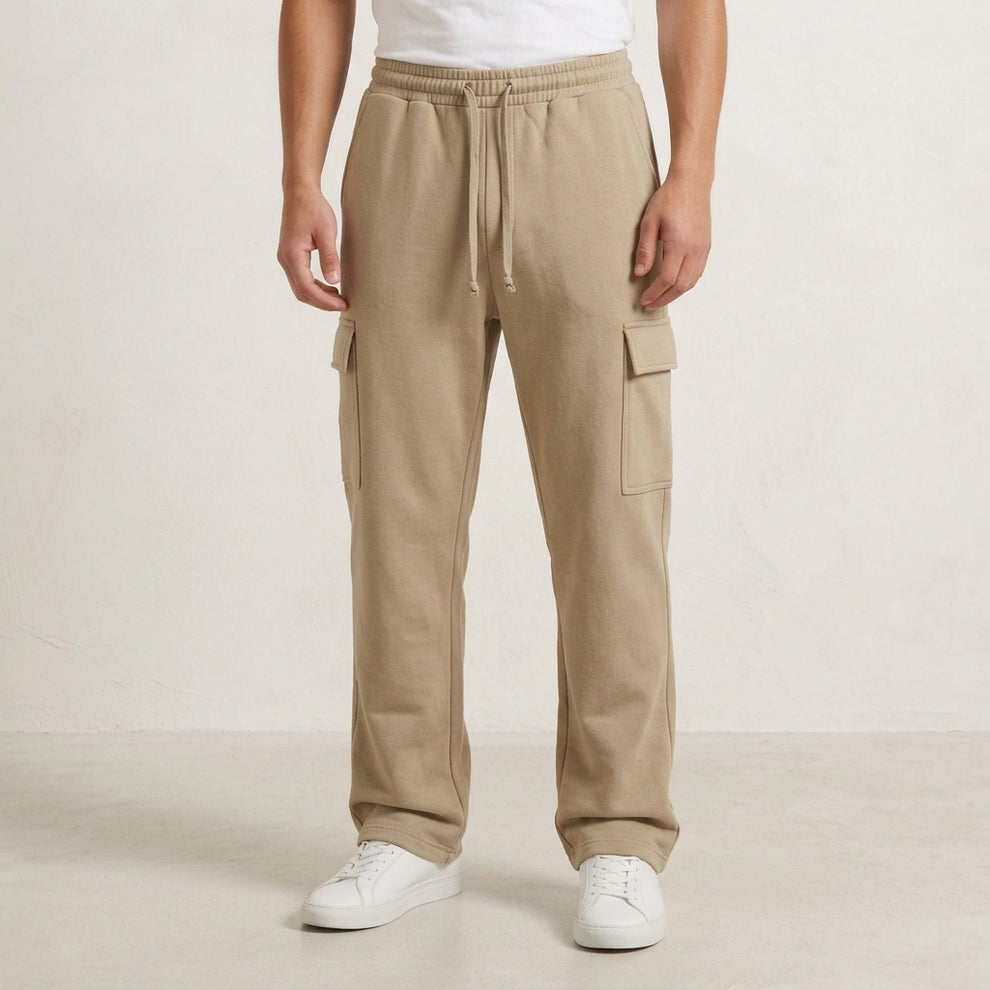 Men’s Beige Cargo Pants – Relaxed Fit Drawstring Trousers with Utility Pockets