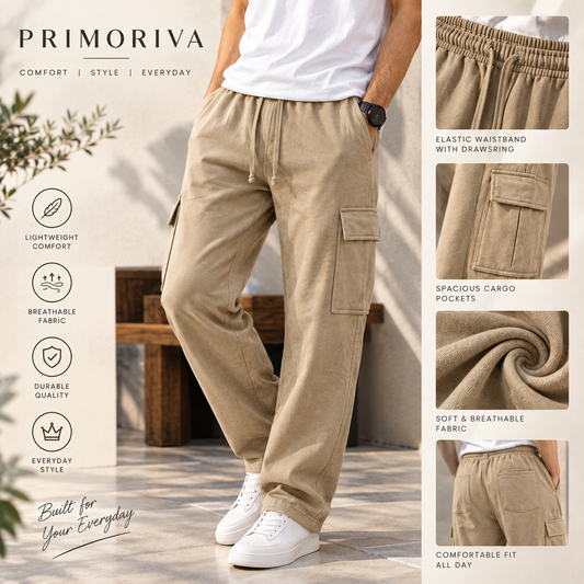 Men’s Beige Cargo Pants – Relaxed Fit Drawstring Trousers with Utility Pockets