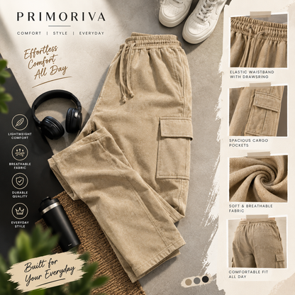 Men’s Beige Cargo Pants – Relaxed Fit Drawstring Trousers with Utility Pockets