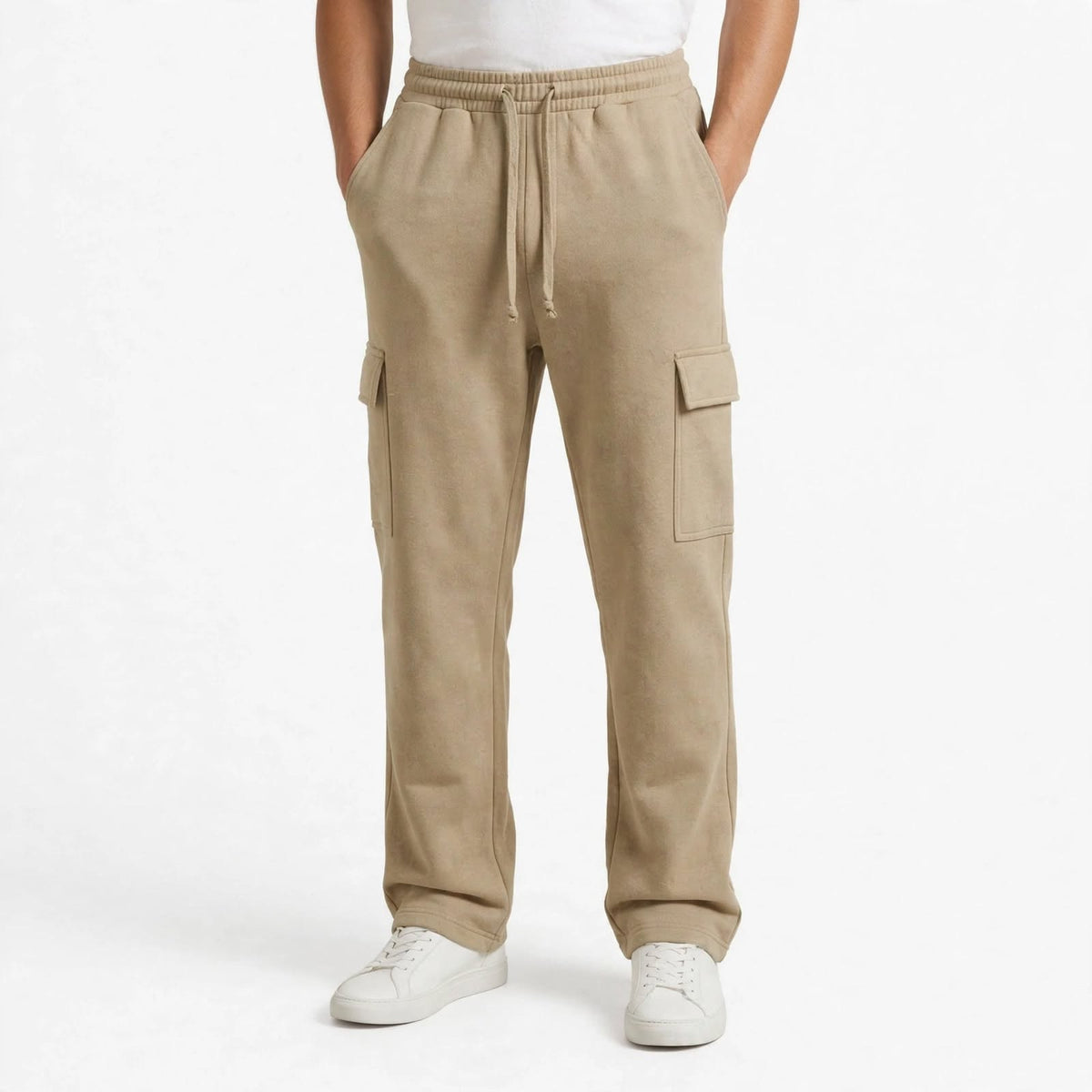 Men’s Beige Cargo Pants – Relaxed Fit Drawstring Trousers with Utility Pockets