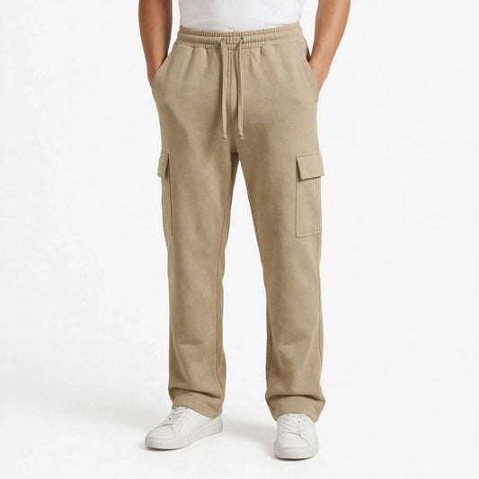 Men’s Beige Cargo Pants – Relaxed Fit Drawstring Trousers with Utility Pockets