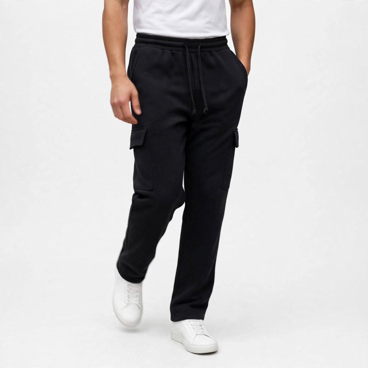 Men’s Black Cargo Pants – Relaxed Fit Drawstring Trousers with Utility Pockets