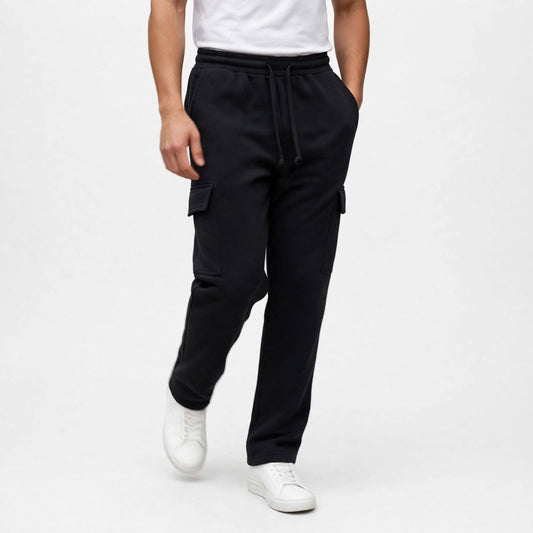 Men’s Black Cargo Pants – Relaxed Fit Drawstring Trousers with Utility Pockets