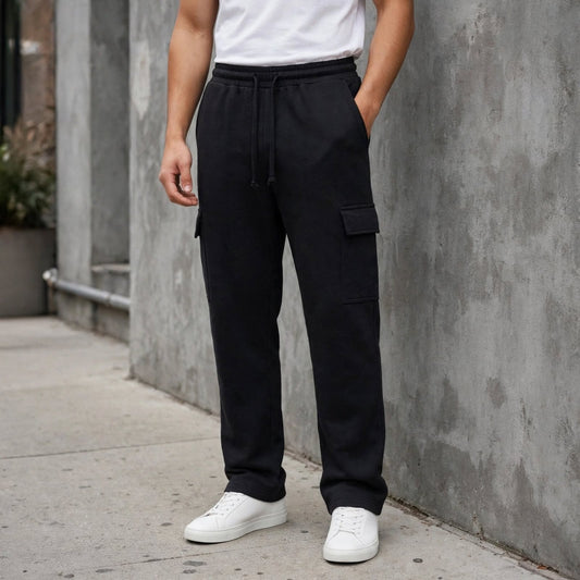 Men’s Black Cargo Pants – Relaxed Fit Drawstring Trousers with Utility Pockets